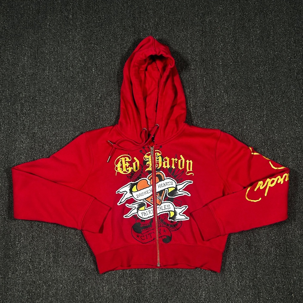 Ed Hardy Hoodie Womens XL Red Zip Up Broken Hearts Tattoo Graphic Excellent
